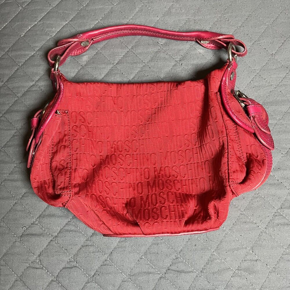 Moschino Red Logo Shoulder Bag Canvas Leather Trim Hobo Purse